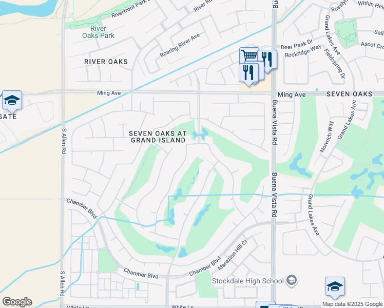 map of restaurants, bars, coffee shops, grocery stores, and more near 2006 Brighton Park Drive in Bakersfield