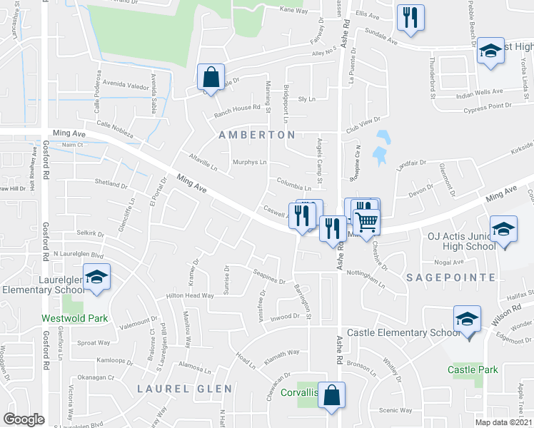 map of restaurants, bars, coffee shops, grocery stores, and more near 6901 Caswell Avenue in Bakersfield