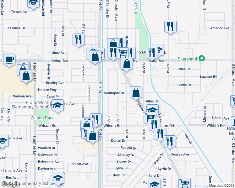 map of restaurants, bars, coffee shops, grocery stores, and more near 1507 Southgate Drive in Bakersfield