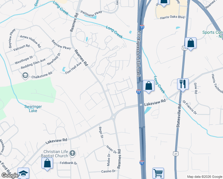map of restaurants, bars, coffee shops, grocery stores, and more near 8628 Reames Road in Charlotte