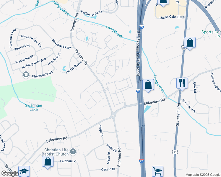 map of restaurants, bars, coffee shops, grocery stores, and more near 8628 Reames Road in Charlotte