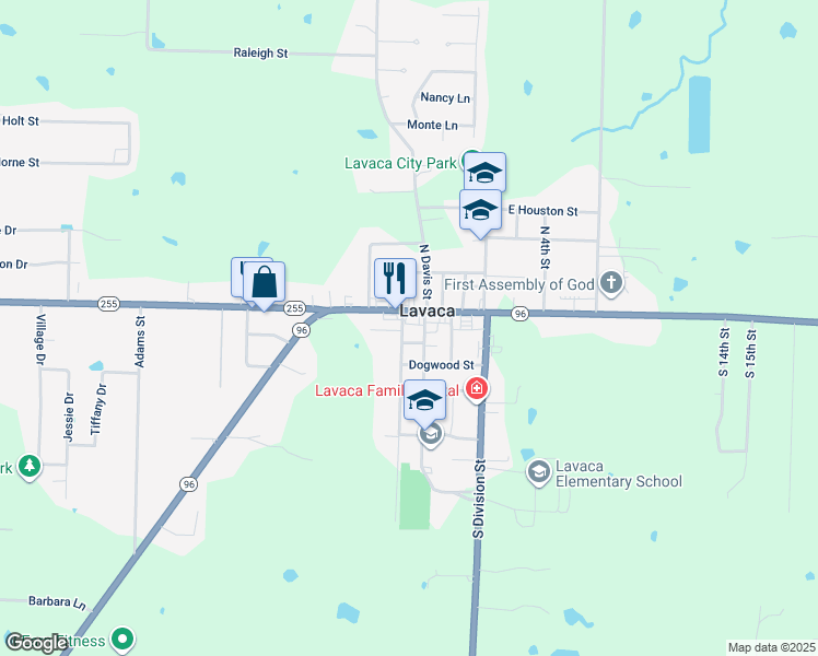 map of restaurants, bars, coffee shops, grocery stores, and more near 6 South Franklin Street in Lavaca