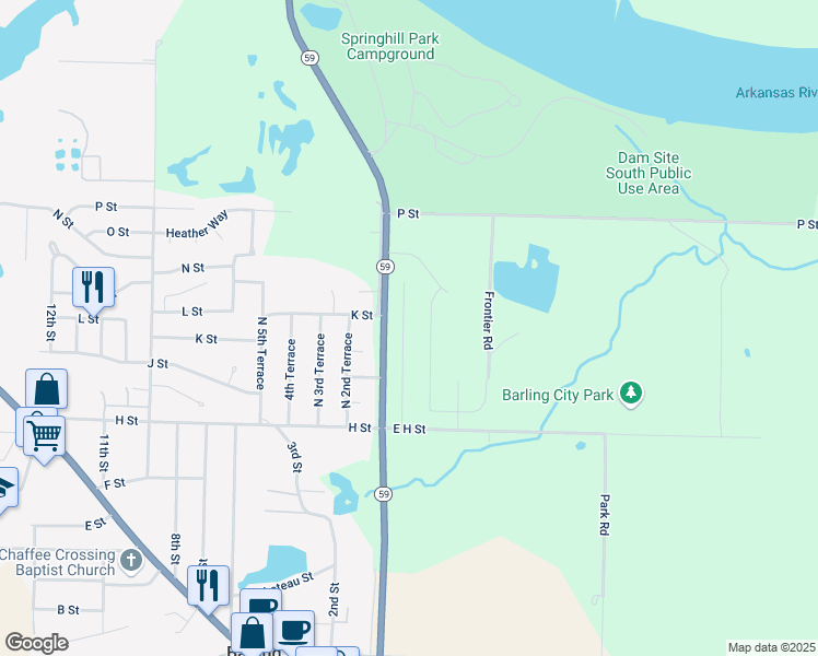map of restaurants, bars, coffee shops, grocery stores, and more near 1137 Springhill Road in Barling