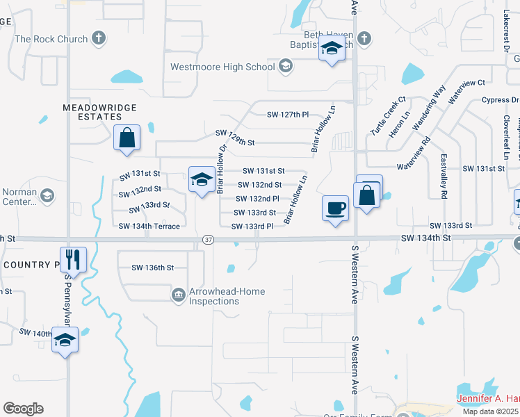 map of restaurants, bars, coffee shops, grocery stores, and more near 1200 Southwest 133rd Street in Oklahoma City