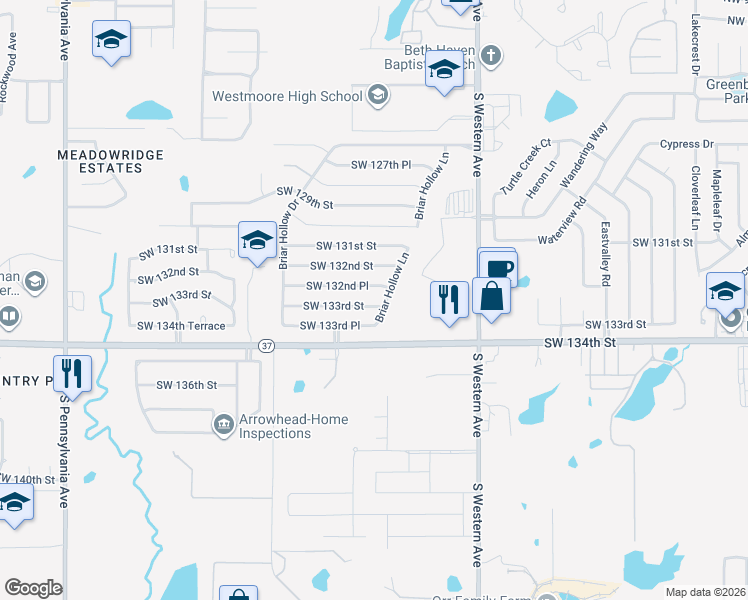 map of restaurants, bars, coffee shops, grocery stores, and more near 1105 Southwest 133rd Street in Oklahoma City