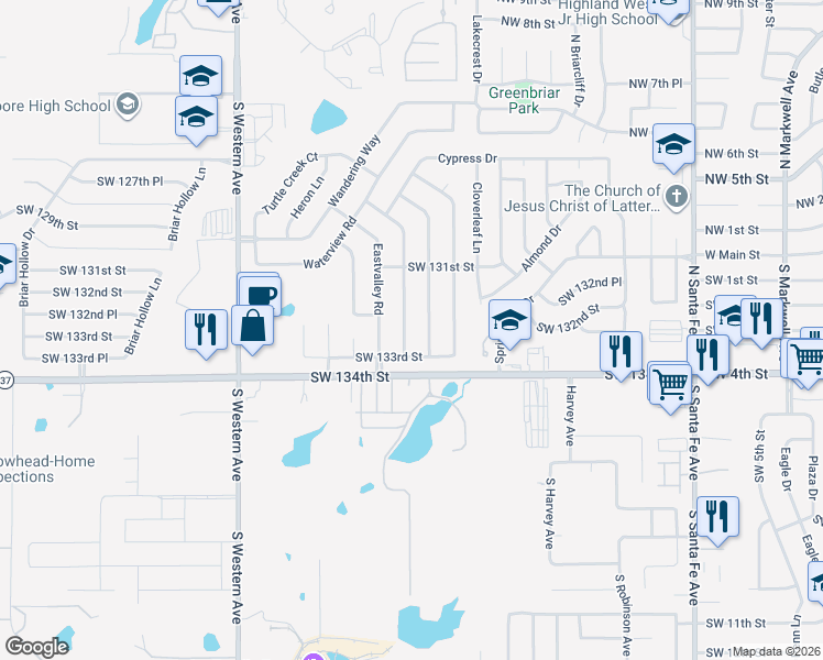 map of restaurants, bars, coffee shops, grocery stores, and more near 13316 Turtle Creek Drive in Oklahoma City