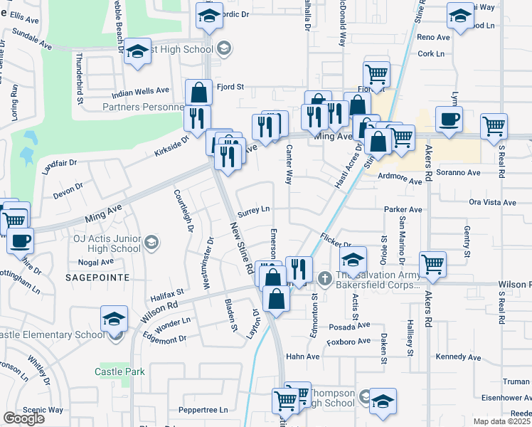 map of restaurants, bars, coffee shops, grocery stores, and more near 5005 Surrey Lane in Bakersfield