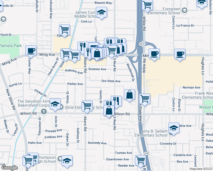 map of restaurants, bars, coffee shops, grocery stores, and more near 3710 Stokes Avenue in Bakersfield