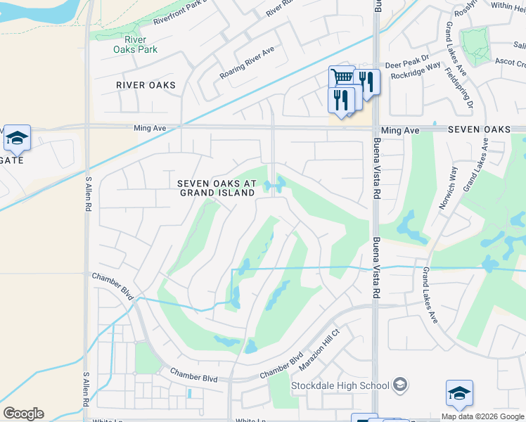 map of restaurants, bars, coffee shops, grocery stores, and more near 2006 Brighton Park Drive in Bakersfield