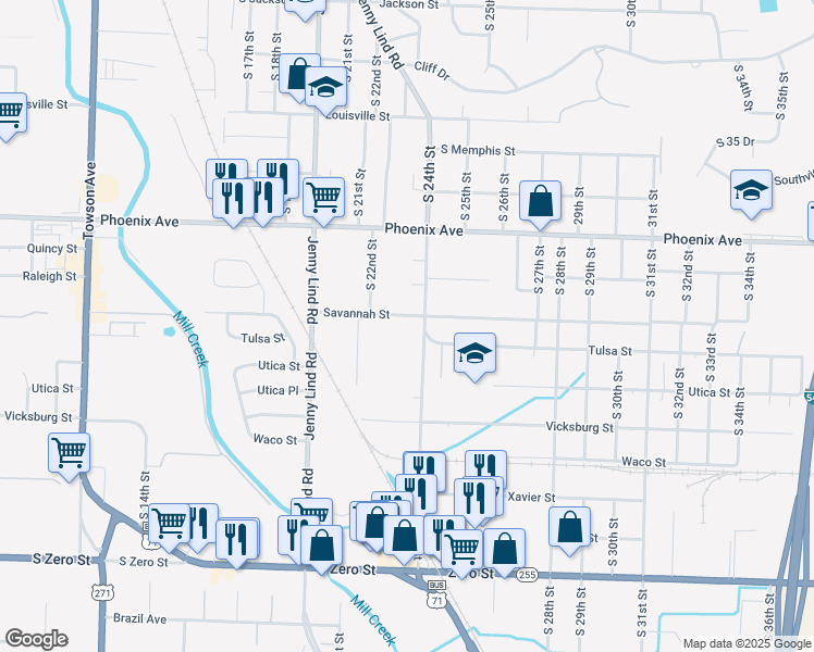 map of restaurants, bars, coffee shops, grocery stores, and more near 2308 Savannah Street in Fort Smith