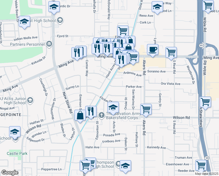 map of restaurants, bars, coffee shops, grocery stores, and more near 4457 Parker Avenue in Bakersfield