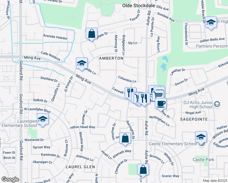 map of restaurants, bars, coffee shops, grocery stores, and more near 6901 Caswell Avenue in Bakersfield