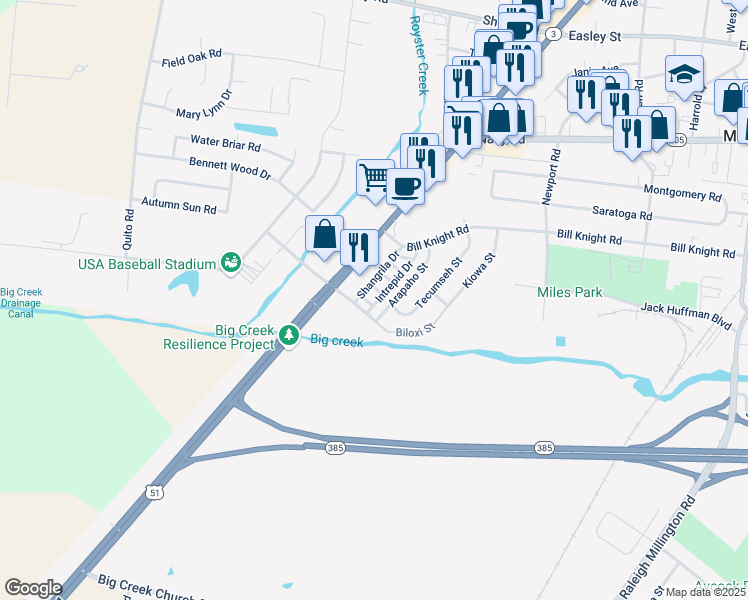 map of restaurants, bars, coffee shops, grocery stores, and more near 7666 Intrepid Drive in Millington