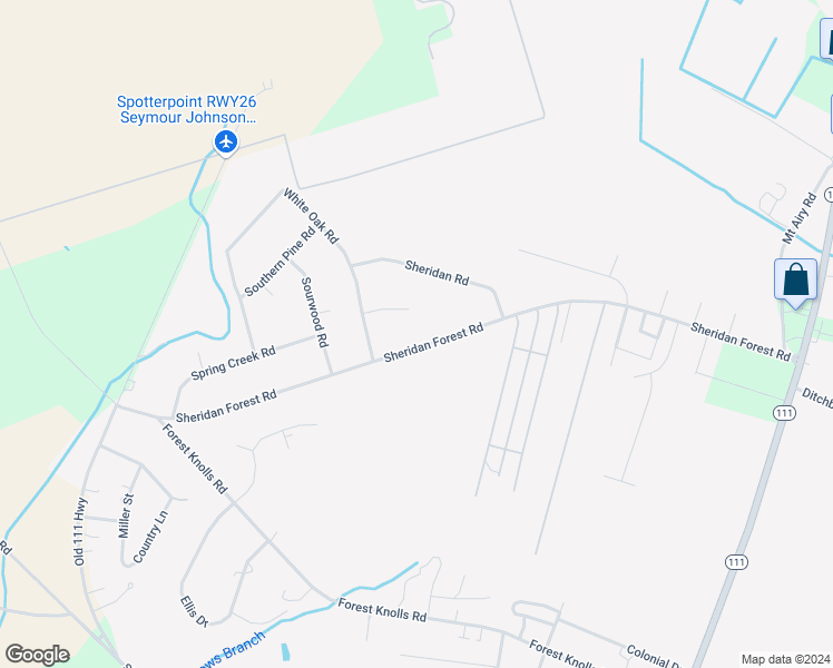 map of restaurants, bars, coffee shops, grocery stores, and more near 444 Sheridan Forest Road in Goldsboro