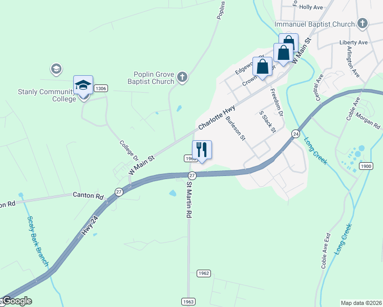 map of restaurants, bars, coffee shops, grocery stores, and more near State Road 1963 in Albemarle