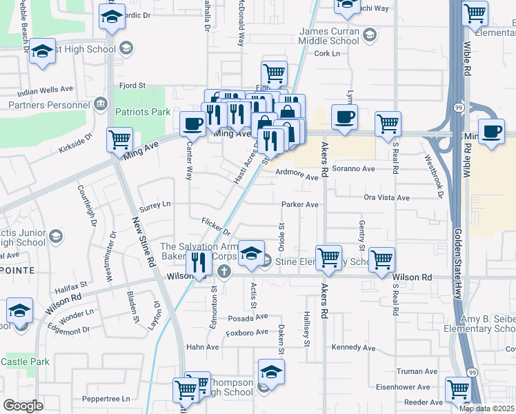 map of restaurants, bars, coffee shops, grocery stores, and more near 4343 Parker Avenue in Bakersfield