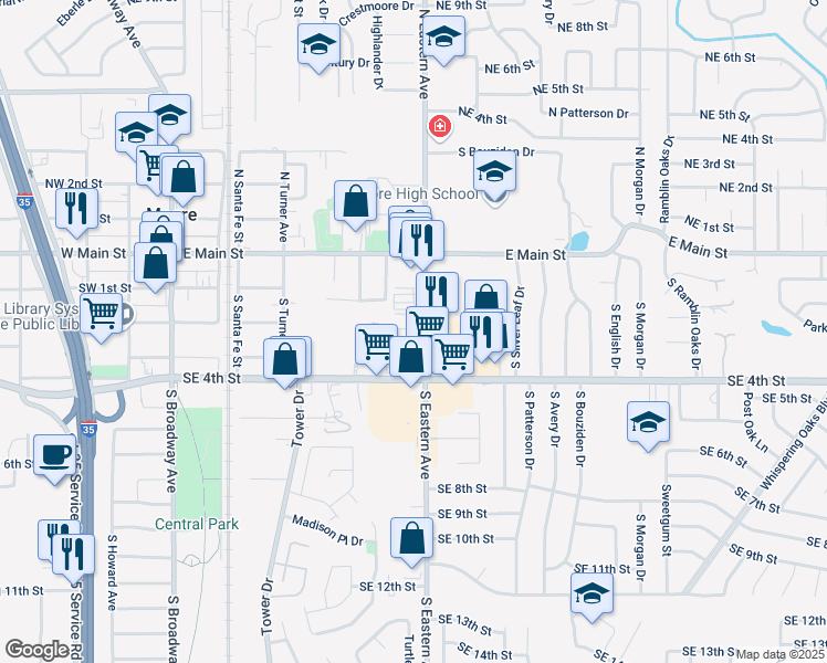 map of restaurants, bars, coffee shops, grocery stores, and more near 265 South Eastern Avenue in Moore