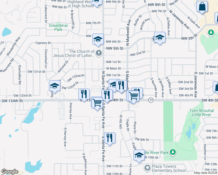 map of restaurants, bars, coffee shops, grocery stores, and more near 1060 Southwest 3rd Street in Moore