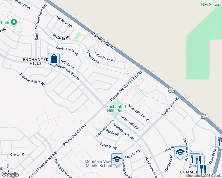 map of restaurants, bars, coffee shops, grocery stores, and more near 4532 Dearborn Hills Drive Northeast in Rio Rancho