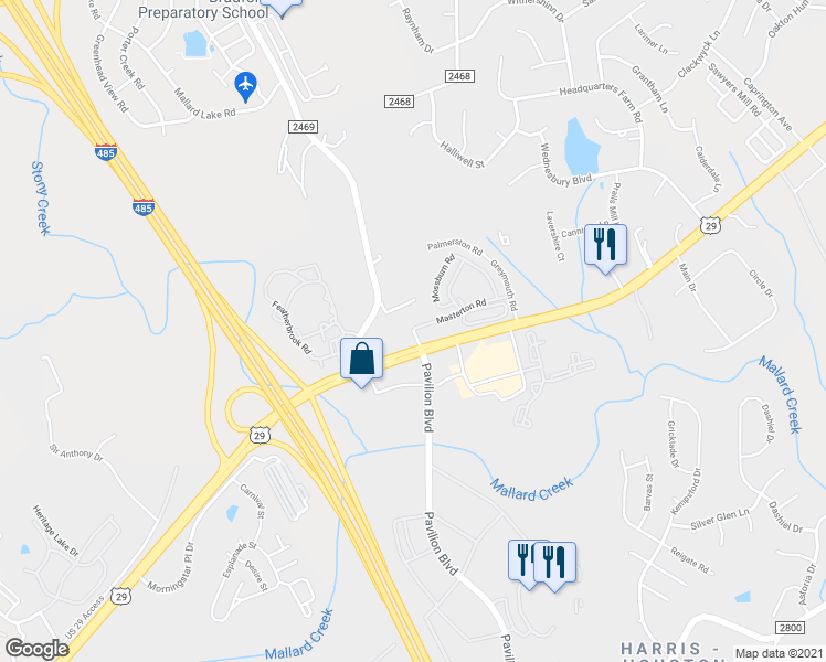 map of restaurants, bars, coffee shops, grocery stores, and more near Pavilion Blvd & Masterton Rd in Charlotte