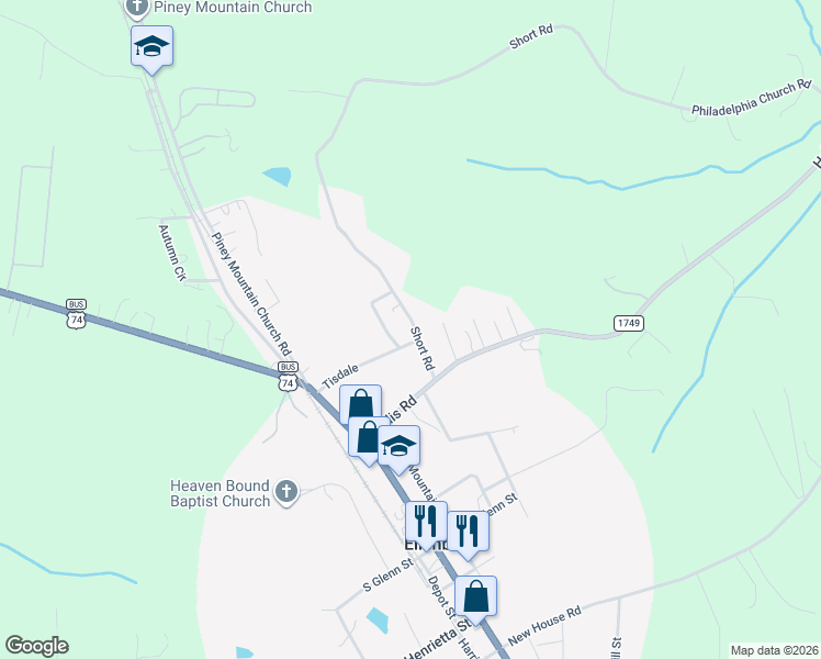 map of restaurants, bars, coffee shops, grocery stores, and more near 219 Tisdale Street Extension in Ellenboro