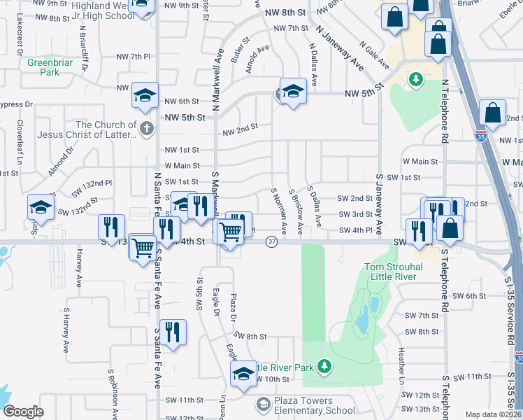 map of restaurants, bars, coffee shops, grocery stores, and more near 928 Southwest 3rd Street in Moore