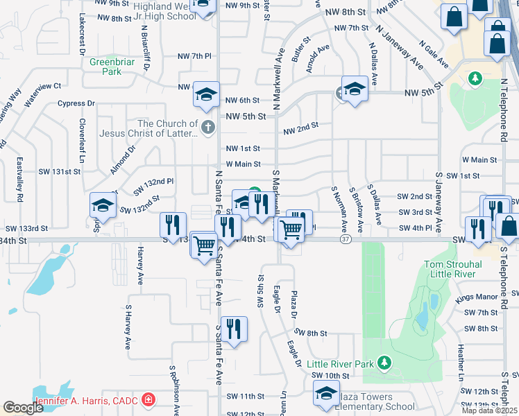 map of restaurants, bars, coffee shops, grocery stores, and more near 1017 Southwest 3rd Street in Moore