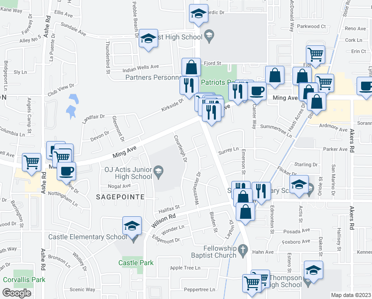 map of restaurants, bars, coffee shops, grocery stores, and more near 2016 Courtleigh Drive in Bakersfield