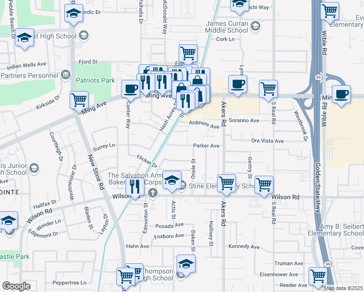 map of restaurants, bars, coffee shops, grocery stores, and more near 4343 Parker Avenue in Bakersfield