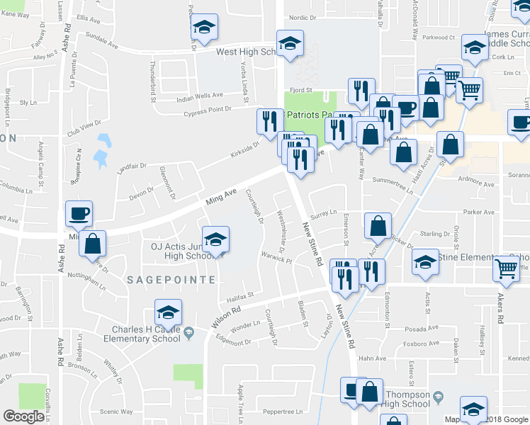 map of restaurants, bars, coffee shops, grocery stores, and more near 2100 Courtleigh Drive in Bakersfield