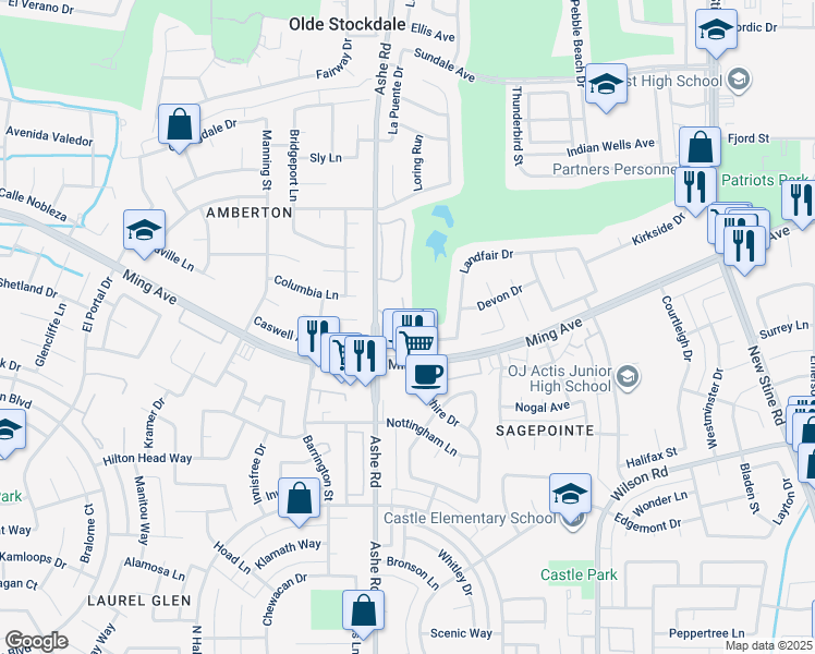 map of restaurants, bars, coffee shops, grocery stores, and more near 6616 Greensward Way in Bakersfield