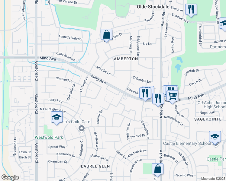 map of restaurants, bars, coffee shops, grocery stores, and more near 7308 Lahaina Avenue in Bakersfield