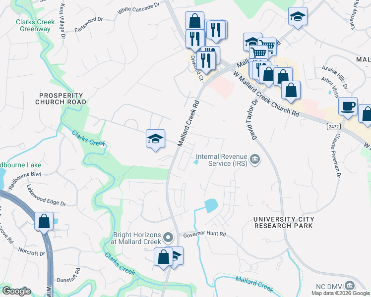 map of restaurants, bars, coffee shops, grocery stores, and more near 9828 Mallard Creek Road in Charlotte