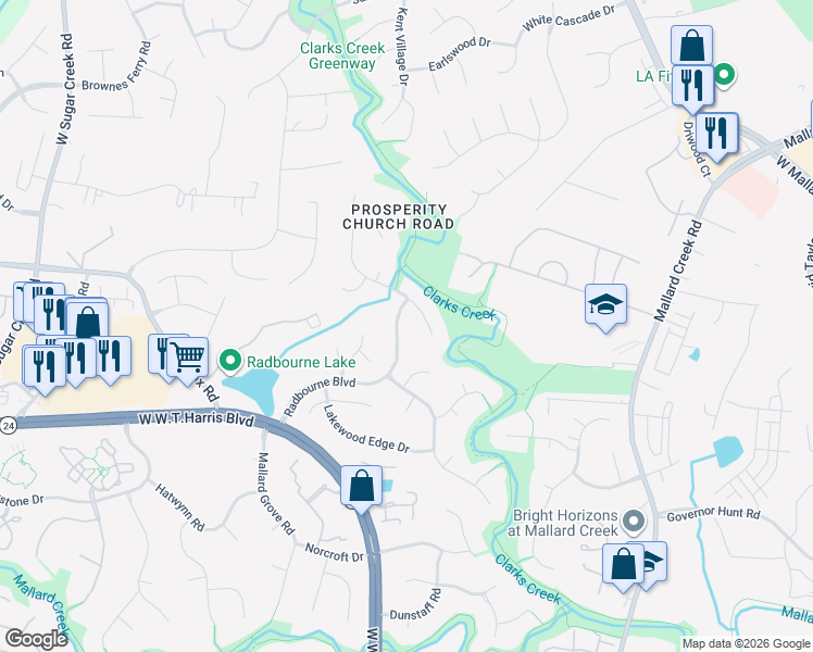 map of restaurants, bars, coffee shops, grocery stores, and more near 3623 Radbourne Boulevard in Charlotte