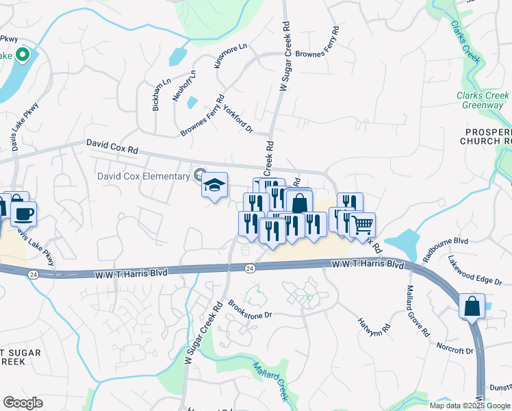 map of restaurants, bars, coffee shops, grocery stores, and more near 6402 West Sugar Creek Road in Charlotte