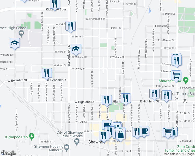 map of restaurants, bars, coffee shops, grocery stores, and more near 624 North Beard Avenue in Shawnee