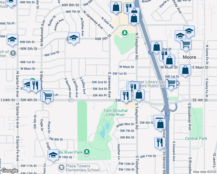 map of restaurants, bars, coffee shops, grocery stores, and more near 305 South Janeway Avenue in Moore