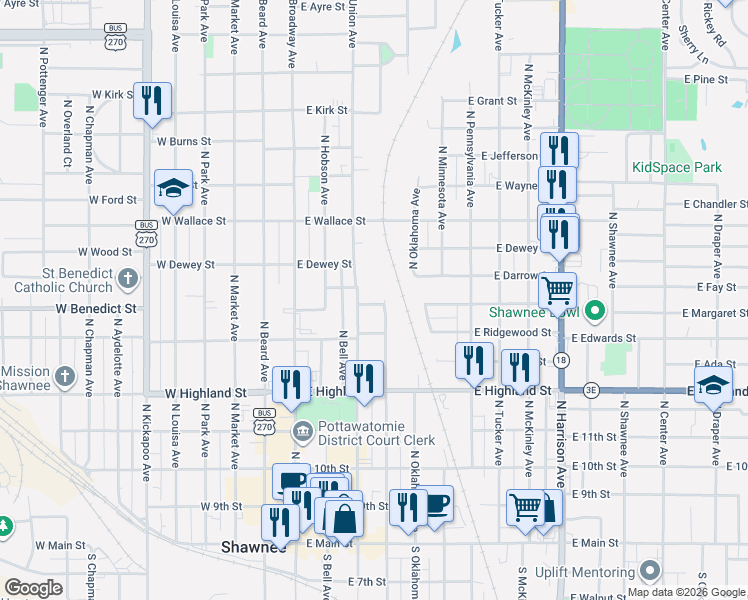 map of restaurants, bars, coffee shops, grocery stores, and more near 716 North Philadelphia Avenue in Shawnee