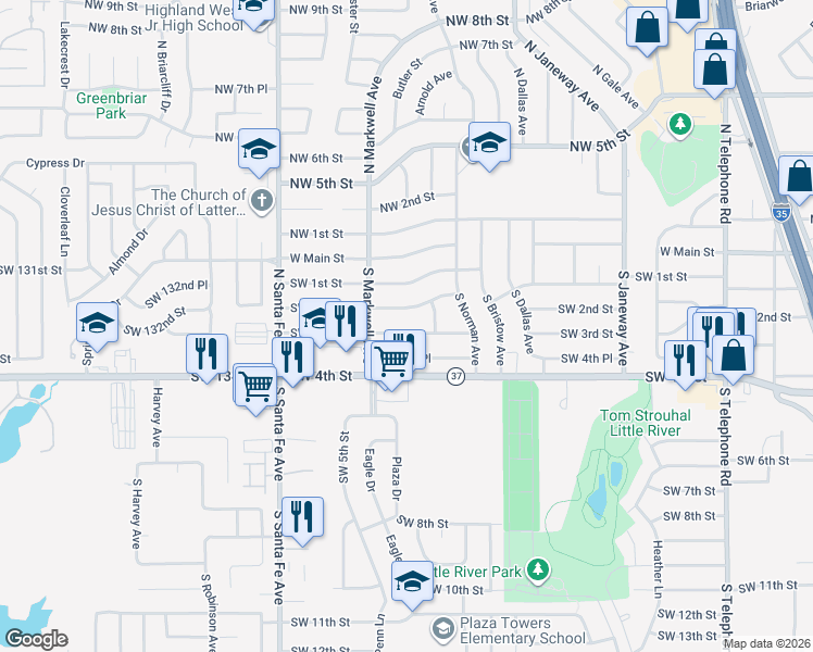 map of restaurants, bars, coffee shops, grocery stores, and more near 960 Southwest 3rd Street in Moore
