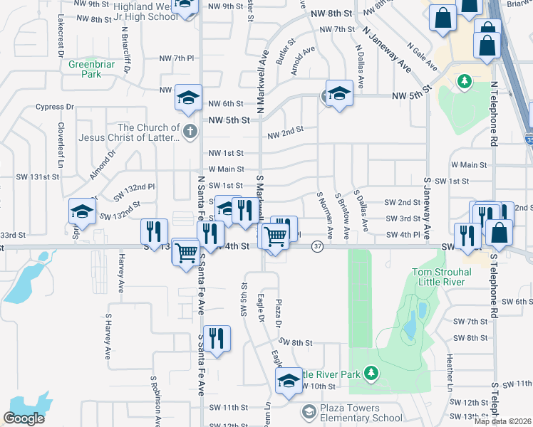 map of restaurants, bars, coffee shops, grocery stores, and more near 960 Southwest 3rd Street in Moore
