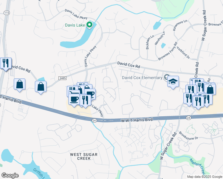 map of restaurants, bars, coffee shops, grocery stores, and more near 6212 Castleglen Court in Charlotte