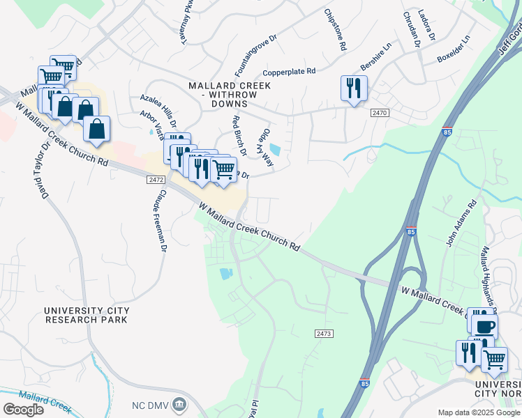 map of restaurants, bars, coffee shops, grocery stores, and more near 1836 West Mallard Creek Church Road in Charlotte