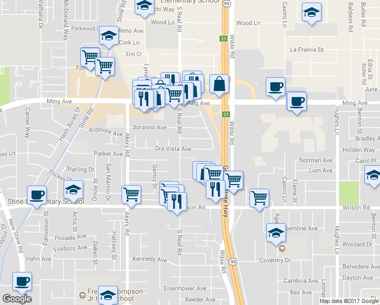 map of restaurants, bars, coffee shops, grocery stores, and more near 3605 Ora Vista Avenue in Bakersfield
