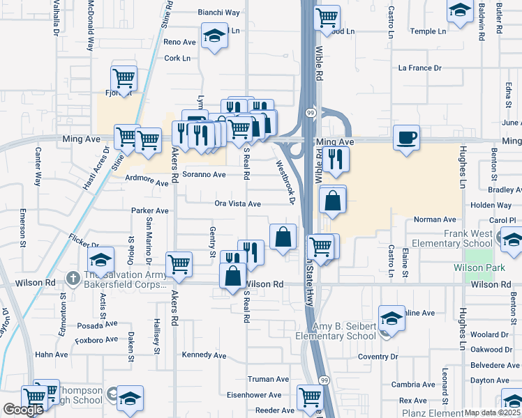 map of restaurants, bars, coffee shops, grocery stores, and more near 3605 Ora Vista Avenue in Bakersfield