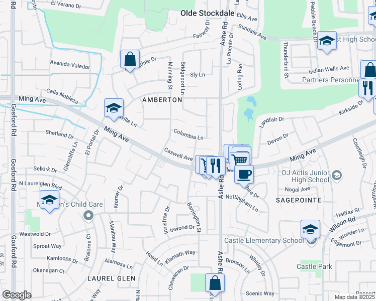 map of restaurants, bars, coffee shops, grocery stores, and more near 6705 Rexford Way in Bakersfield