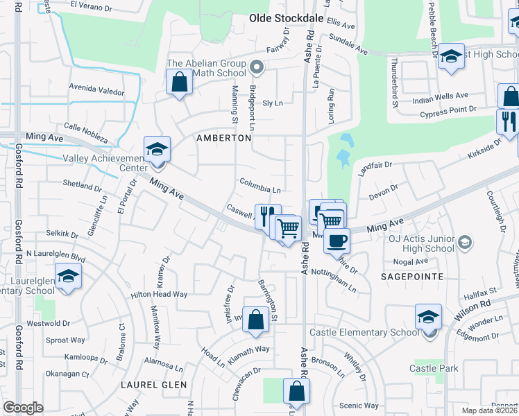map of restaurants, bars, coffee shops, grocery stores, and more near 6705 Rexford Way in Bakersfield
