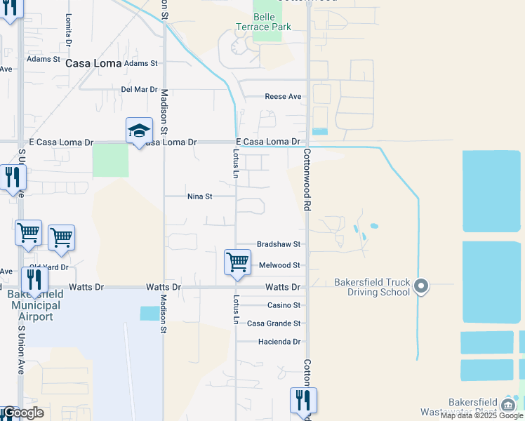 map of restaurants, bars, coffee shops, grocery stores, and more near 1629 Lotus Lane in Bakersfield