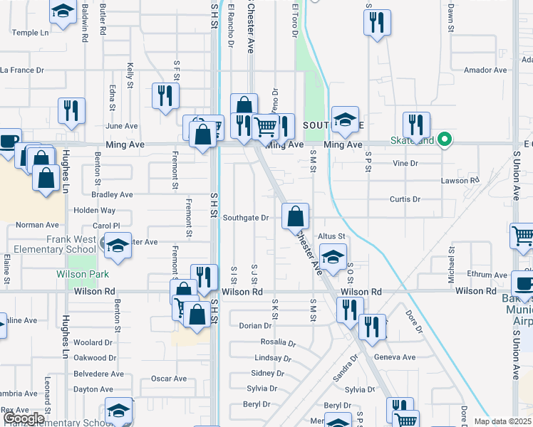 map of restaurants, bars, coffee shops, grocery stores, and more near 1410 Southgate Drive in Bakersfield