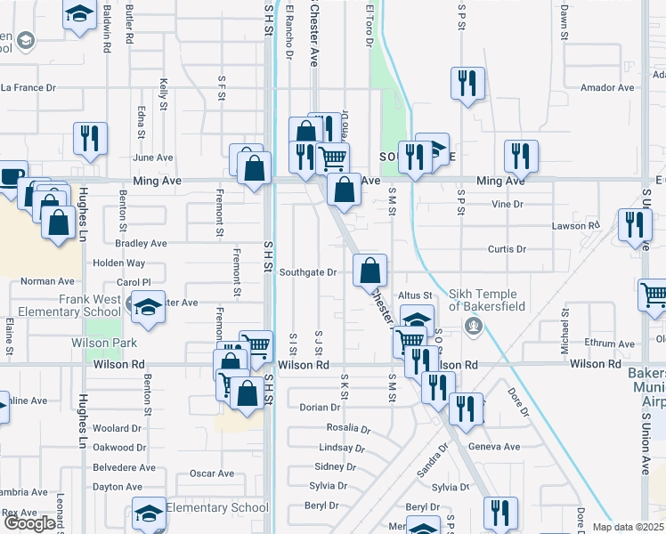 map of restaurants, bars, coffee shops, grocery stores, and more near 1410 Southgate Drive in Bakersfield