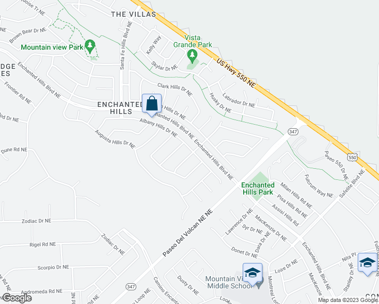 map of restaurants, bars, coffee shops, grocery stores, and more near 4629 Bismark Hills Way Northeast in Rio Rancho